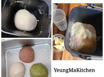 step1: 將高筋粉、糖、鹽、酵母、奶粉和水全部放入麵包機内攪拌成糰，再加入牛油繼續攪拌揉至成糰，光滑有薄膜(全程約 15分鐘)。
分割成三份，一份加入抹茶粉揉至光滑，另一份加入朱古力粉揉至光滑。