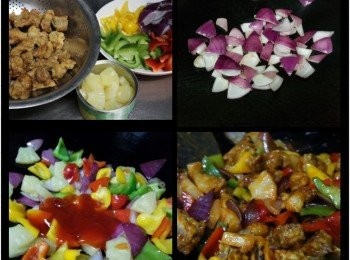 step4: 倒起鑊內的油，原鑊燒熱，倒入紫洋蔥块爆香;
分次加入三色椒炒勻，倒入菠蘿炒勻，加入1/2樽<span class="group_3">醬汁</span>;
倒入炸好的肉排，炒至全部<span class="group_1">材料</span>粘上<span class="group_3">醬汁</span>即可