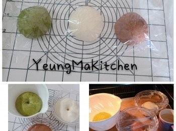 step2: 分放入3隻碗內蓋上保鮮紙 置室溫發酵至兩倍大（約40分鐘至1小時）。取出基本發酵好的麵糰。（將食指沾滿高筋麵粉，從中間刺到底再抽出來，如果指孔不回縮，就表示基本發酵完成。）取出麵糰，排氣及翻麵，然後滾圓。蓋上保鮮紙，鬆弛15分鐘。