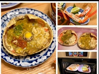 step4: 松葉蟹甲羅燒🤩

將蟹蓋剩餘的蟹糕放在一邊，加1-2滴清酒調味（可省略）另一邊放上蟹身肉，連同另外4隻蟹腳和2隻<a href="https://bit.ly/2YzwBVG" target="_blank" data-keyword="蟹鉗" class="guide-link"><strong>蟹鉗</strong></a> <span style="display:inline-block;vertical-align:middle;margin-top:-3px;color:initial;border-radius:3px;padding:2px 3px;font-size:12px;line-height:14px;background:#87d300;color:#fff;">即買</span> ，焗爐180度焗10分鐘

取出撒上蔥花，放上三文魚籽、鵪鶉蛋，即成（❣️注意甲羅燒的吃法，是把蟹羔蟹肉鵪鶉蛋液拌勻再燒，拍照後一定要再放焗爐焗10分鐘）