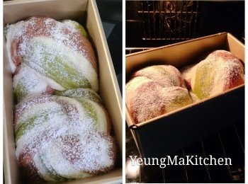 step5: 入爐前先在表面撒上一層過篩的高粉，最後放入已預熱焗爐先200度焗約15分鐘，再調温至160度焗15分鐘便成。