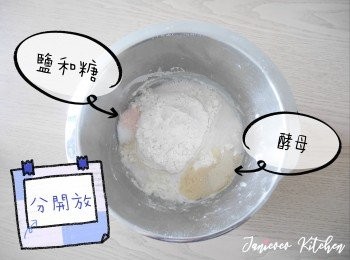 step1: 將麵粉過篩（懶人可省略）。「酵母」 、「鹽和糖」兩個組合要分開兩端放。兩組不要直接接觸，否則會影響酵母作用。