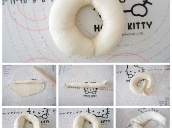 step5: 麵團回溫後會再發大一點點。用手將麵團揉和，排出氣體，並分成５小份。用保鮮紙蓋住５小份麵團，上面再加一塊濕布。（不介意貝果有少許水份蒸發的話可省略）開始為貝果做圈圈做型，詳見圈圈做型部分。