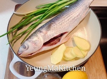 step1: 烏頭魚清除內去鱗(可叫魚敗代勞)洗淨，抹乾水份。蔥洗淨分別切絲和切段。