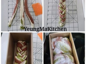 step4: 頭的部分預留不切，其餘切成3條。編成辮子的形狀，兩邊收口向下，放入吐司盒裏進行二發(蓋上保鮮紙）。最後發酵約60分鍾。(吐司盒的八~九分滿)