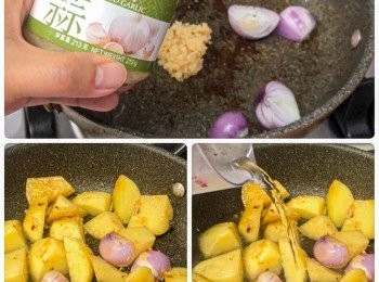 step4: 原鑊再下少許油，爆香蒜蓉及蔥頭，下薯仔炒勻