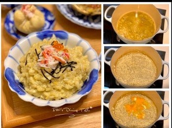 step3: 松葉蟹雜炊🍚

1杯米（米杯140g）加入大約5杯份量的蟹汁（如不夠蟹汁用蟹殼昆布鰹魚高湯代替）放入一半份量蟹糕和蟹身肉，大火滾起後轉小火煮大約30分鐘，期間每隔5分鐘攪拌一下，如果米飯太濃稠可以多加蟹殼昆布鰹魚高湯

雜炊煮到差不多像粥般濃稠後，加入一隻蛋的蛋漿，繼續小火煮1-2分鐘即成