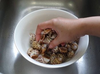 step2: 倒去鹽水， 沖洗後放大碗中; 下1茶匙幼鹽； 用手不停搓抓將花螺殼上的潺去掉（此步驟要重複2次）