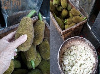 step2: 青菠蘿蜜去殼，切除中心海綿狀的莖，果肉切成適口大小，備用。