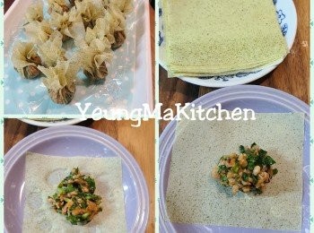 step5: 千張豆腐紙先一開四，將餡料放在豆腐皮中間位置，用手指點些水於餡料旁的豆腐紙上，將豆腐皮邊全部擠在一起，輕力揑實。