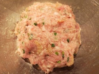 step3: 咸魚拆肉去骨，將咸魚蓉、蝦米和蔥粒加入免治豬肉，攪拌後用手撻肉餅約十下。