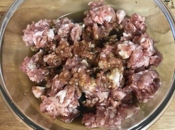 step2: 豬絞肉先放鹽絞拌出一點黏度後，再放入除了香油以外的調味料，