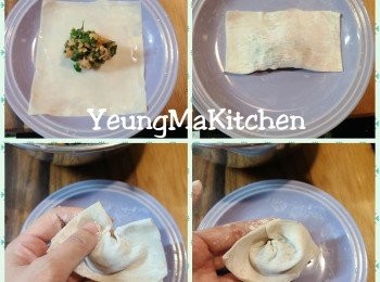 step3: 用方形的水餃皮，先將餡料放在水餃皮中間位置，用手指點些水圍邊然後對摺，用手壓實周邊， 點水在左上角，兩手向上彎 ，將右上角黏在左上角上，壓實。(如相所示)