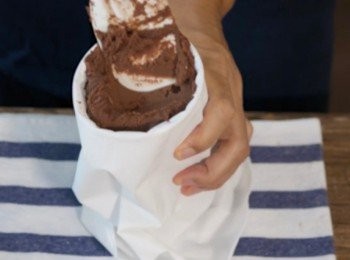 step6: 把朱古力糊放入擠花袋中。

 *記得使用材質比較厚和耐用的擠花袋，
如果是塑膠的擠花袋最好使用兩層，以避免在擠的時候膠袋破裂。因為這個麵糊算是比較堅硬。