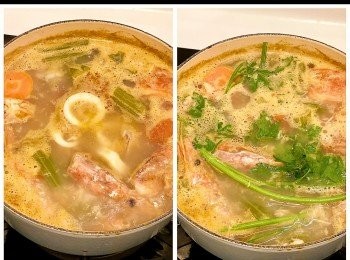 step2: 製作<span class="group_3">鮮魚海鮮高湯</span>：除蕃茜外，所有材料放入大鍋，中火煮沸後，小火合蓋煮1小時（中途可搗爛魚肉）熄火，放入蕃茜合蓋焗5分鐘，取出海鮮，湯汁過篩隔出高湯