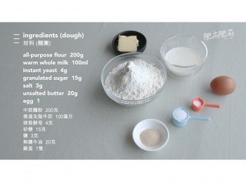 step1: <span class="group_1">麵團</span>主要材料: 中筋麵粉 200g, 鹽 3g, 砂糖 15g, 速發酵母 4g , 微溫全脂牛奶 100ml, 雞蛋 1隻, 無鹽牛油 20g