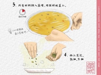 step3: 所有材料倒入蒸碟，用保鮮紙蓋上，蒸12分鐘。最後撒上蔥花，熟油和生抽 (醬油)，即成。