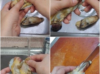 step1: 把象拔蚌的黑色內臟挖出除去，再除去象拔外圍的黏膜及厚組織，把象拔劏開，徹底洗乾淨;