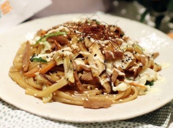 step8: 先煮日式照燒汁: 中細火下照燒汁材枓，大滾後立刻轉細火，慢煮20分鐘收汁，備用 。把所有材料切絲 ，椰菜切塊備用//
新肉絲 -排整齊後，切成幼絲，備用，下油，炒香洋蔥，2分鐘左右、甘筍、香菇、蔥白//
加入新肉絲略炒，加入椰菜及調味料 炒至椰茶微軟，少許半透明感。加入烏冬，3-4大匙式照燒汁及蔥綠，攪均及煮至烏冬熱即成