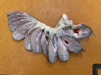 step3: 用刀由背部開始斬到直近魚肚邊緣但不斬斷，大約可分成十至十二件