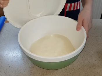 step2: ~發酵完成後,把麵團倒轉向下倒出,按壓,排氣,滾圓,   蓋上乾布休息15分鐘
~麵團造形後放入17，x12.5x12.5cm吐司模
~第二次發酵约60分鐘
~預熱焗爐180度
~先用170度烤20分鐘,拿出蓋上錫纸再烤16~17分鐘