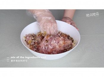 step5: 將所有<span class="group_2">醃料</span>材料跟豬肉拌勻, 醃製約30分鐘