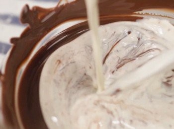 step2: （繼續隔水加熱保持溫度）
然後加入已加熱的鮮忌廉。

注意：溫度非常重要。
鮮忌廉一定要加熱後才可以跟朱古力混合。