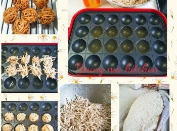 step1: 芋頭去皮切片後再刨絲，加入幼鹽、五香粉、糯米粉、胡椒粉、绍酒全部撈勻， 花生油(用花生油炸出來特別香和好吃）放滿中間8格,（ 使用中間8格去炸，不可貪心 ，因容易handle。）