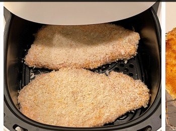 step4: 放入氣炸鍋，用鋼架盛起豬扒，噴油200度8分鐘，之後翻面200度炸5分鐘，再翻面180度炸3分鐘或至表面金黄色即成