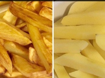 step3: 與此同時，熱鍋下油，待油滾後放入薯條炸至金黃。