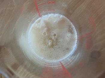 step2: 15分鐘後如有大量泡沫產生，證明酵母有活性，便可繼續。如果沒有泡泡，証明酵母失去活性，需要更換另一批新的酵母。