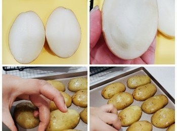 step2: 如果薯仔已帶淋身，已經可以準備下一步。牛油用暖水略為坐溶，加入蒜鹽備用。
 將薯仔切半，用羹將薯仔肉舀出，要留底 1／4 薯肉。