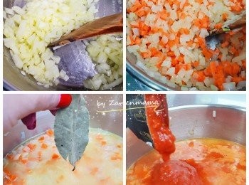 step2: 鍋內放入牛油，加入洋蔥粒爆炒，至軟透明。再加入甘荀炒香。

放入雞湯及香葉。再倒入蕃茄粒，再返滾後，調校至細火，滾20分鐘。