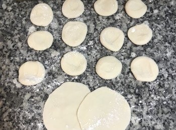 step13: 用手掌將小麵團壓扁成圓形，灑一些手粉，