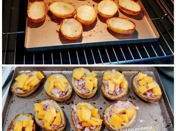 step3: 薯皮內外掃上牛油溶液。將薯仔反轉放焗盤，用 200度火，先焗皮喺邊，焗15分鐘。然後反轉面嗰邊，焗多5分鐘，令邊皮都帶脆口。
喺薯皮內放入車打芝士碎及煙肉粒，多少隨自己喜歡。放回焗爐焗多5－7分鐘。
最後加上少少蔥粒。可以配上酸忌廉進食。