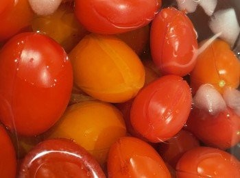 step3: 蕃茄皮打十字𠝹花，用熱水煮30秒至1分鐘，一見皮微爆開就即撈起，即放入冰水降溫（不要煮熟蕃茄）