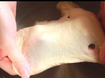 step2: 將<span class="group_1">主麵團</span>的材料放入廚師機中開二至三檔揉麵團
（👉🏻由於麵粉吸水性不同 請自行留意 冷水請扣起10g逐少加入 )
揉麵團直到麵團不黏手有延展性 並能拉出如圖中的薄膜狀態(薄膜破裂沒關係)