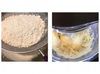 step2: 篩入已混合的低粉、糖粉、奶粉及芝士粉，用低速打至無粉粒即可