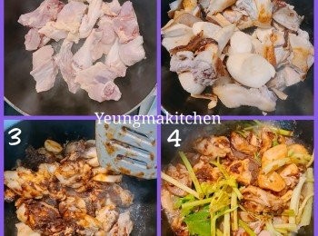 step2: 熱鍋下油，雞件爆炒至金黃色。加入已浸透的香菇片和雞髀菇繼炒。
放入半包醬料炒至均勻。加入唐芹梗和約大半碗水炆煮數分鐘，最後放上芹菜葉便完成。