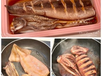 step4: 鍋熱下油，魷魚瀝乾醃料，有橫紋那邊向下，中火煎2分鐘定型，再翻面煎3分鐘（中途魷魚會出水，用廚房紙吸乾水份）