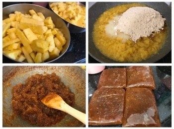 step10: 鳳梨餡做法： 
先將鳳梨去皮去芯，切細粒、刨條或用機搞碎（三種方法均可）
處理好的鳳梨放入鍋內用大火煮滾，轉用中小火煮50分鐘，如用搞碎方法煮的時間可以縮短
將海藻糖及三溫糖加入用中火炒至8成乾水，加入水麥芽再炒至稔身，最後加入檸檬汁炒勻