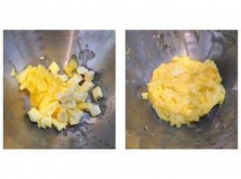 step1: 有鹽牛油及無水奶油從雪櫃取出切細粒，放軟約5分鐘，加入全蛋液用低速打至混合即可