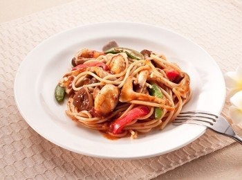 step1: 義大利麵水滾下麵，煮15分鐘備用。
各式鮮菇、青椒汆燙備用（依個人喜好選擇）