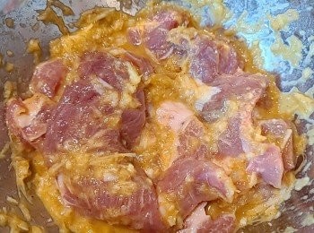 step5: 放入豬扒於<span class="group_2">醃料</span>中醃約數小時/過夜更佳。用手抓捏，這樣有助肉吸收<span class="group_2">醃料</span>。