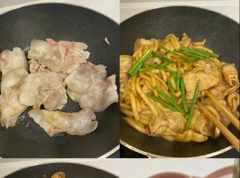 step2: 先煎香豬腩片，盛起備用
加入已煮開的烏冬、醬汁炒勻，加入豬腩片炒勻