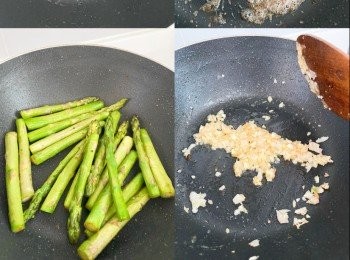 step2: 炒熟蘆荀，備用，牛油再起鑊，炒香蘑菇、洋蔥、蒜頭