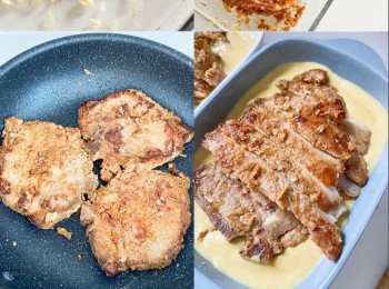 step4: 煎熟豬扒後切件
最後放靚靚就得啦，灑上葱花、炸乾葱即可