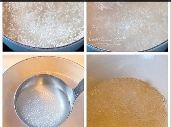 step2: 大鍋加水，煮滾後放入西米，繼續大火煮12分鐘，期間不斷攪拌避免痴底，之後熄火合蓋焗25分鐘至完全透明