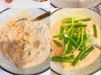 step2: 再加入泡菜及蔥段拌勻
準備醬<span class="group_2">汁</span>，把白醋、生抽、麻油和芝麻混合