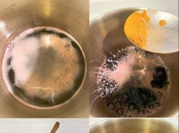 step1: 煲滾紅酒，加入糖、肉桂條/ 粉、檸檬